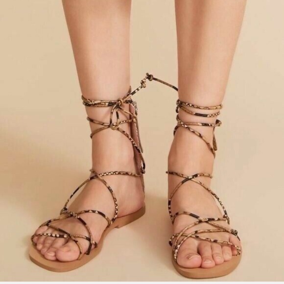 ZARA Snakeskin Print Lace up Gladiator Flat Sandals - Picture 1 of 14